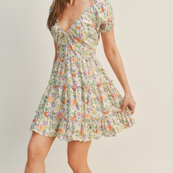 Boho floral v neck ruffle tiered open back mini dress lush brand size small - Picture 3 of 4